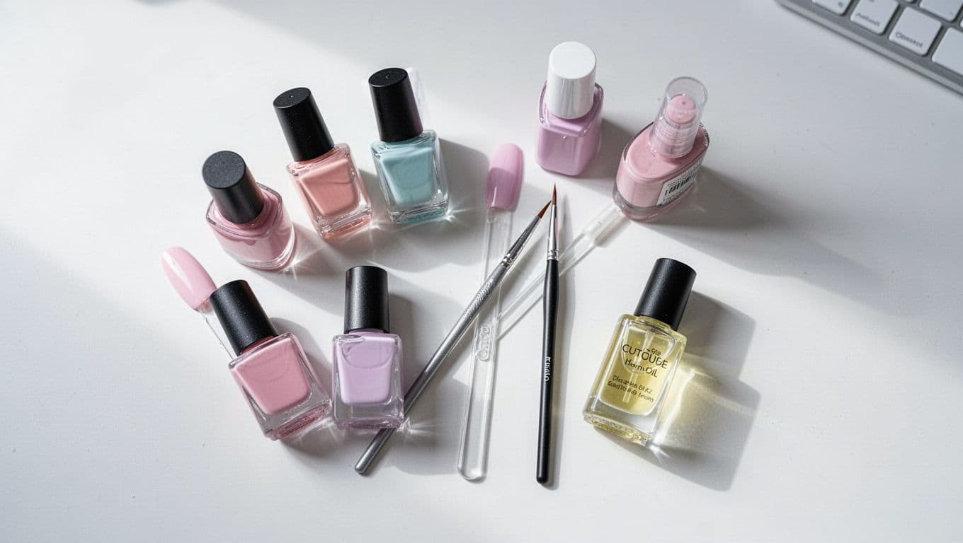 Pastel polish, a nail art brush, and cuticle oil on a white desk.
