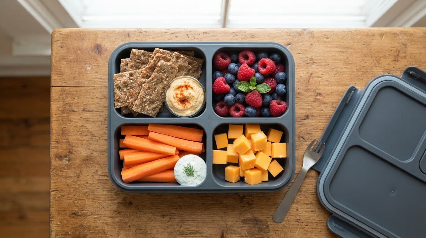 Open lunchbox with crackers, berries, carrot sticks, and cheese cubes.