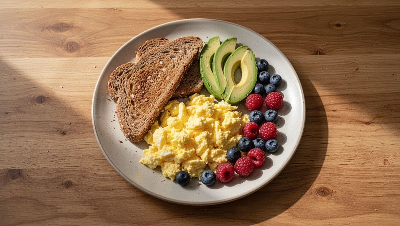 A plate of toast, eggs, avocado, and berries on a wooden table.