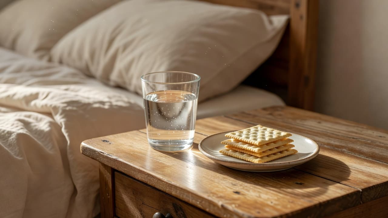 A glass of water and crackers on a wooden bedside table in soft morning light.