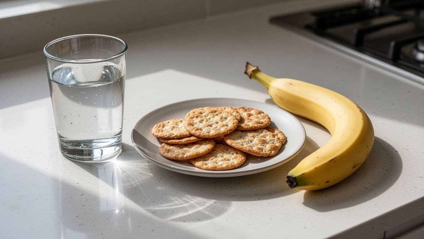 Water, crackers, and a banana sit on a kitchen counter in daylight.