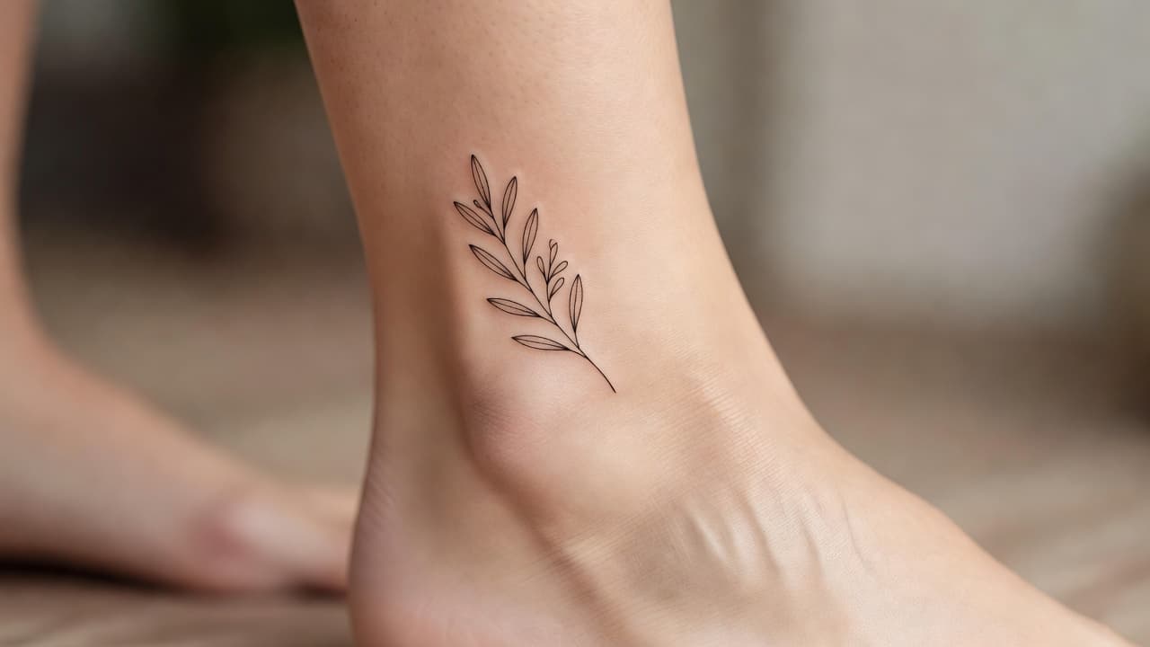 A delicate fine-line olive branch tattoo on the side of an ankle.