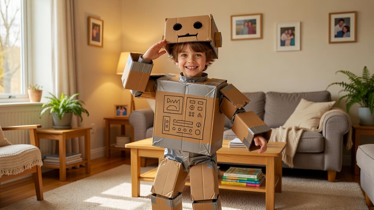 A smiling boy wearing a funny homemade cardboard robot costume in a living room.