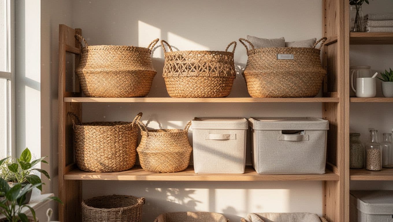A neat shelf with woven baskets and simple storage bins in morning light.