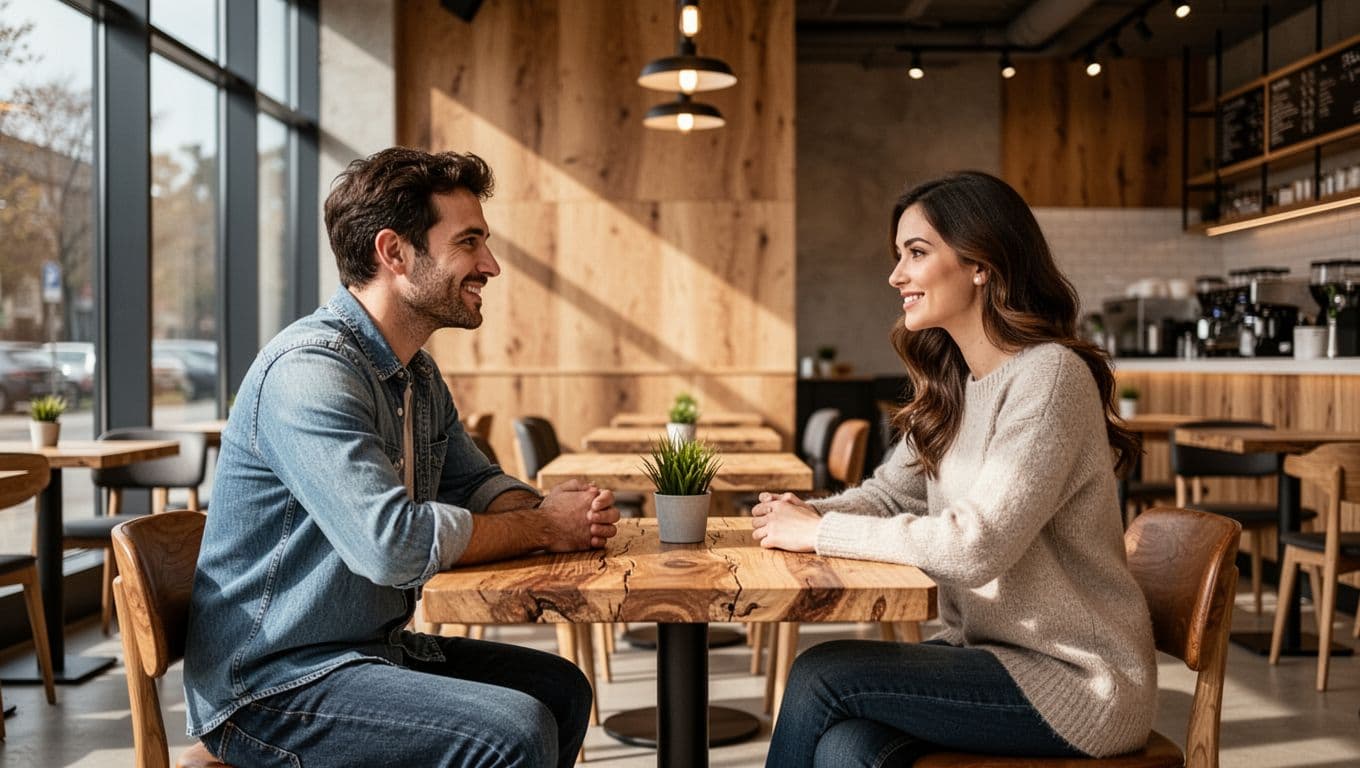 A man and woman talk across a rustic table in a bright modern cafe.
