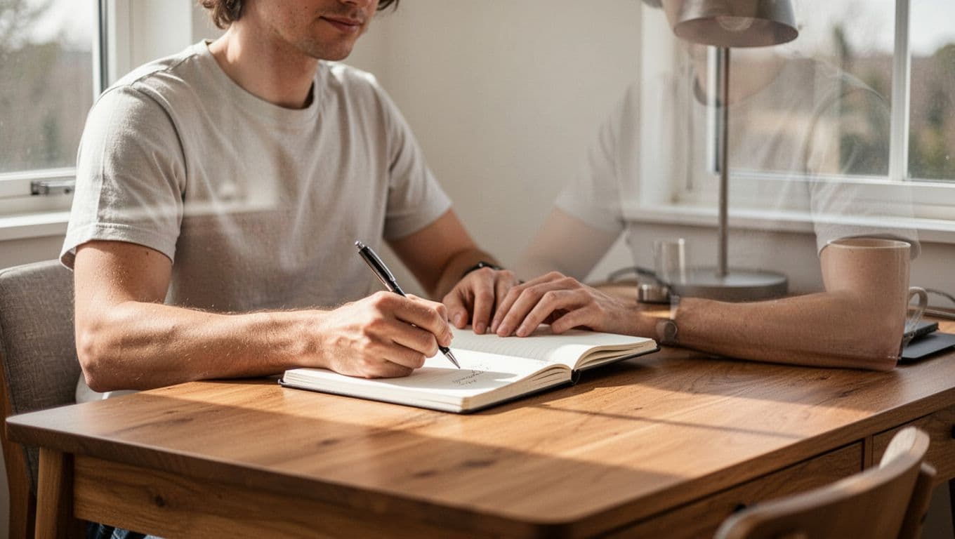 A person calmly writing in a notebook at a clean desk.