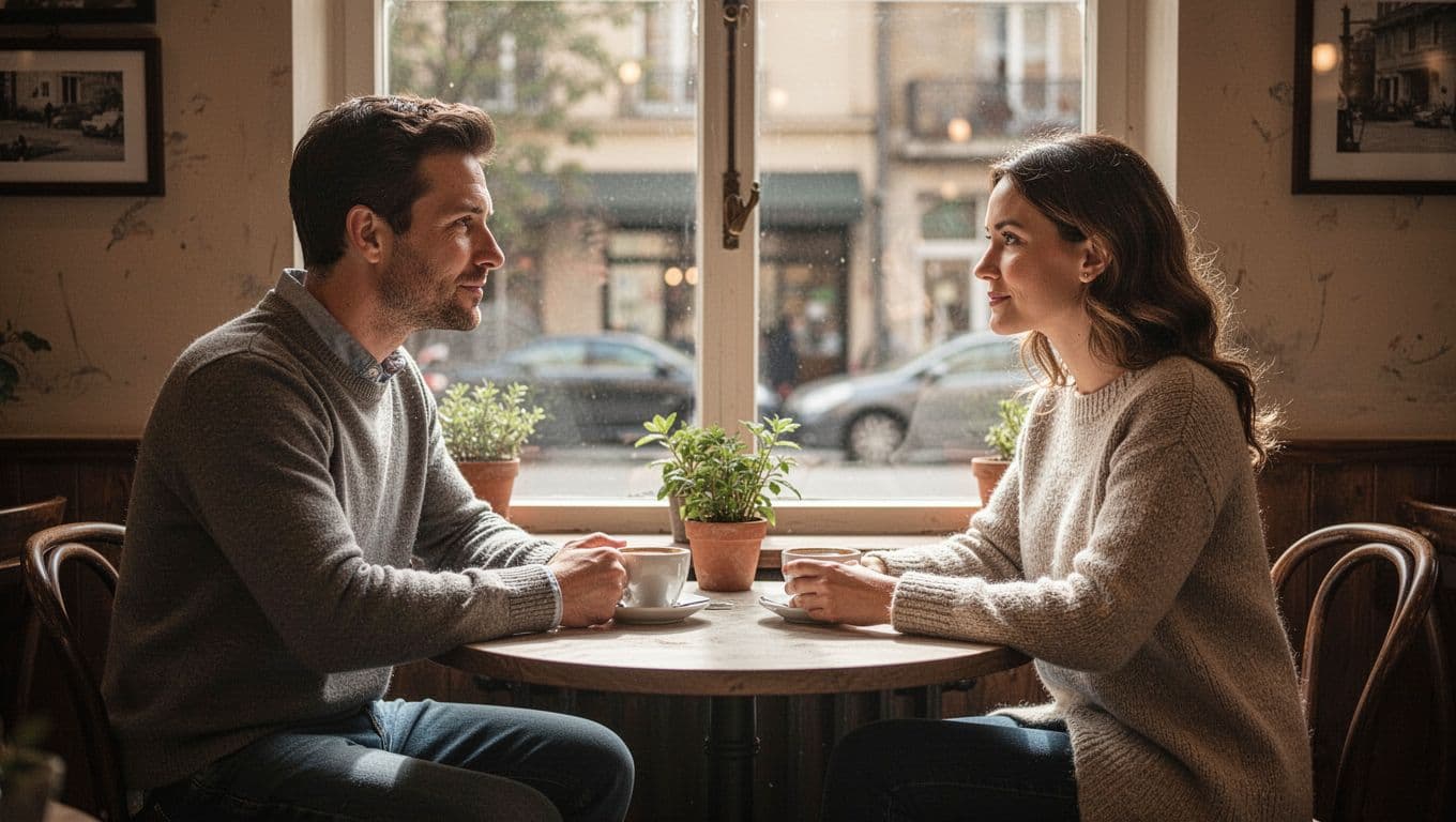 A man and woman have a calm conversation across a cafe table.