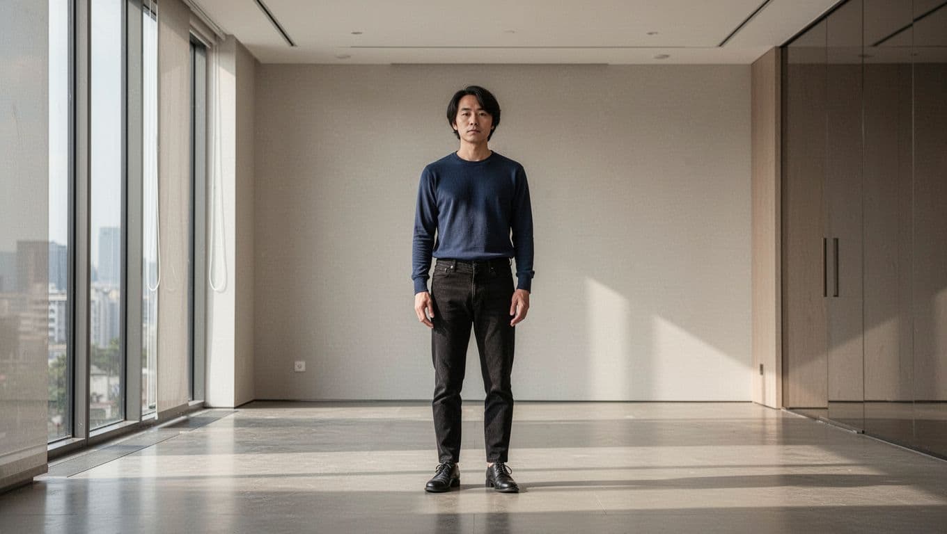 A person stands calmly in a modern room with relaxed shoulders and grounded posture.