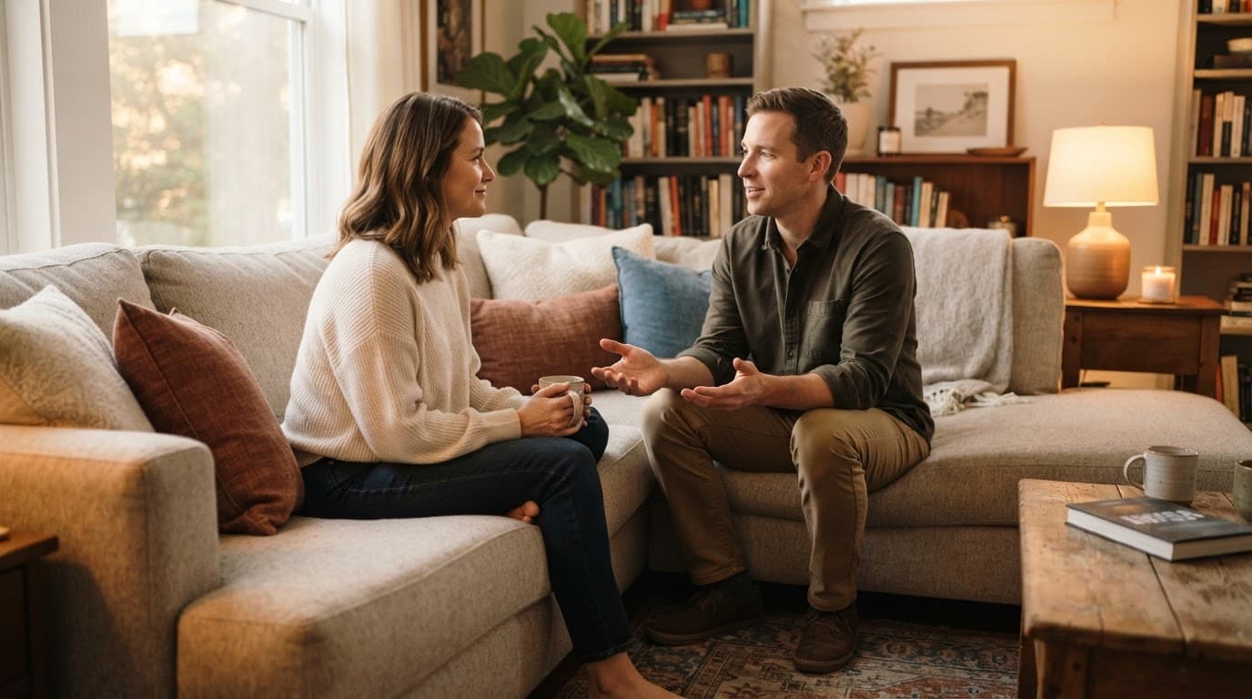 A couple sits facing each other on a sofa and talks calmly in a cozy living room.