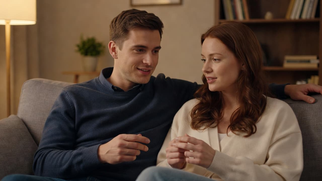 A young couple sitting together on a couch having a calm conversation.