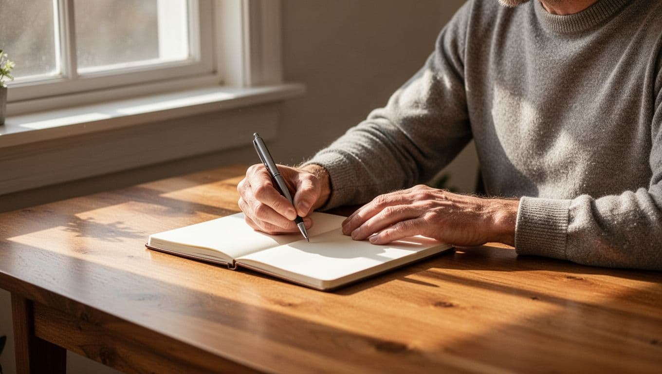 Person sitting at a wooden desk with a notebook and pen in soft window light.