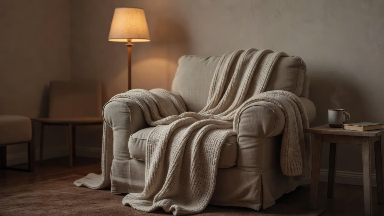 A comfortable armchair with a cozy blanket in a softly lit, quiet room.
