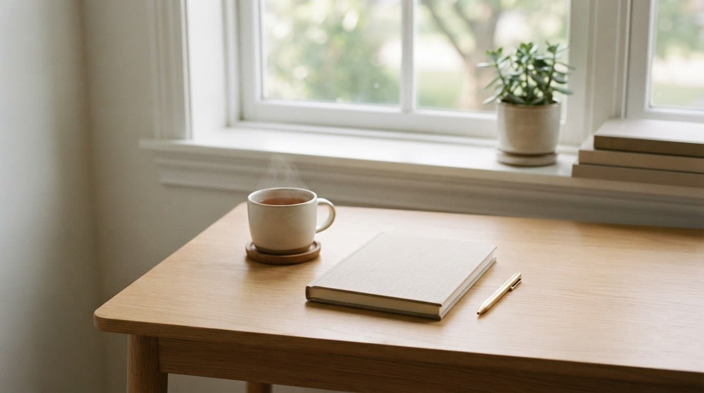 A closed journal, pen, and warm tea sit on a tidy desk by a window.