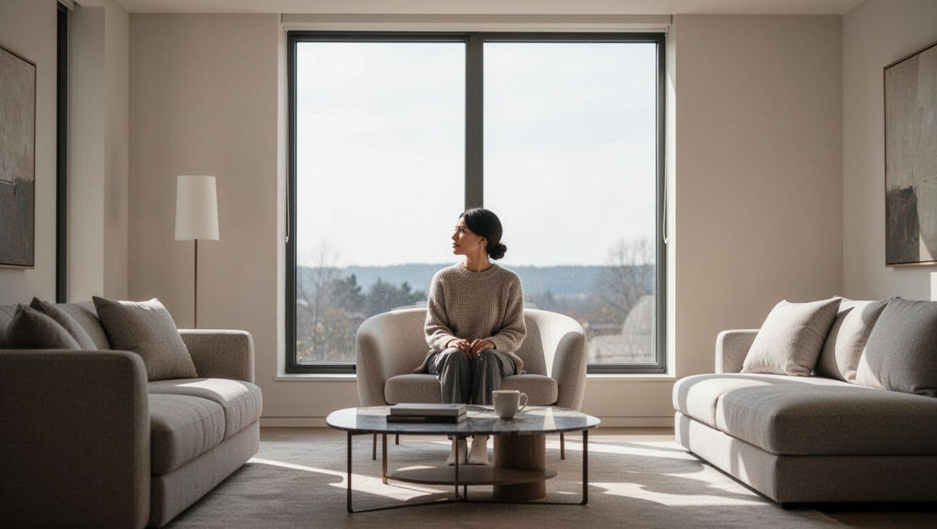 A calm person sitting alone and looking out a window in a softly lit living room.