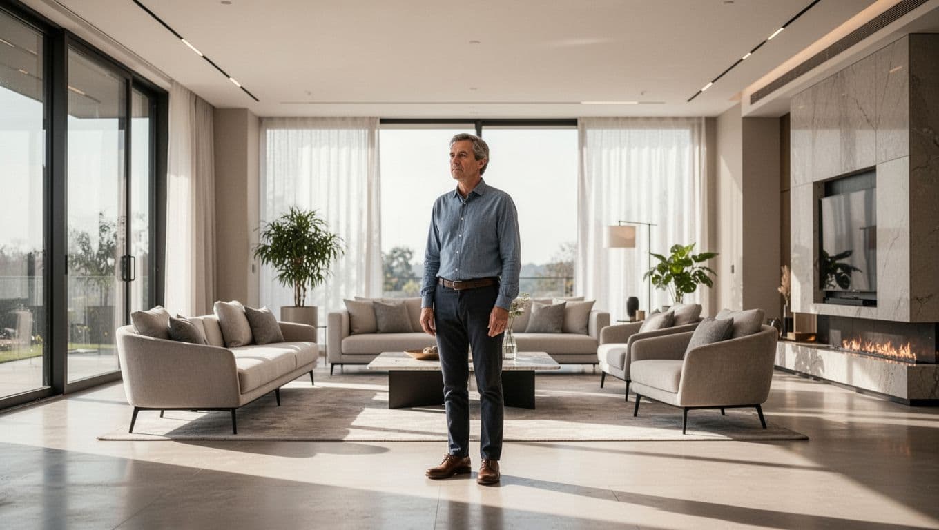 A person calmly observing a bright modern lounge.