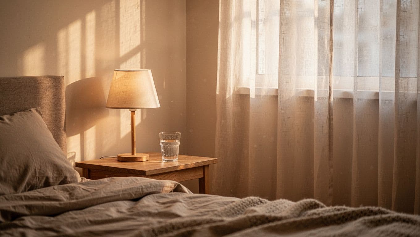 A calm bedroom with morning light, a bedside lamp, and a glass of water.