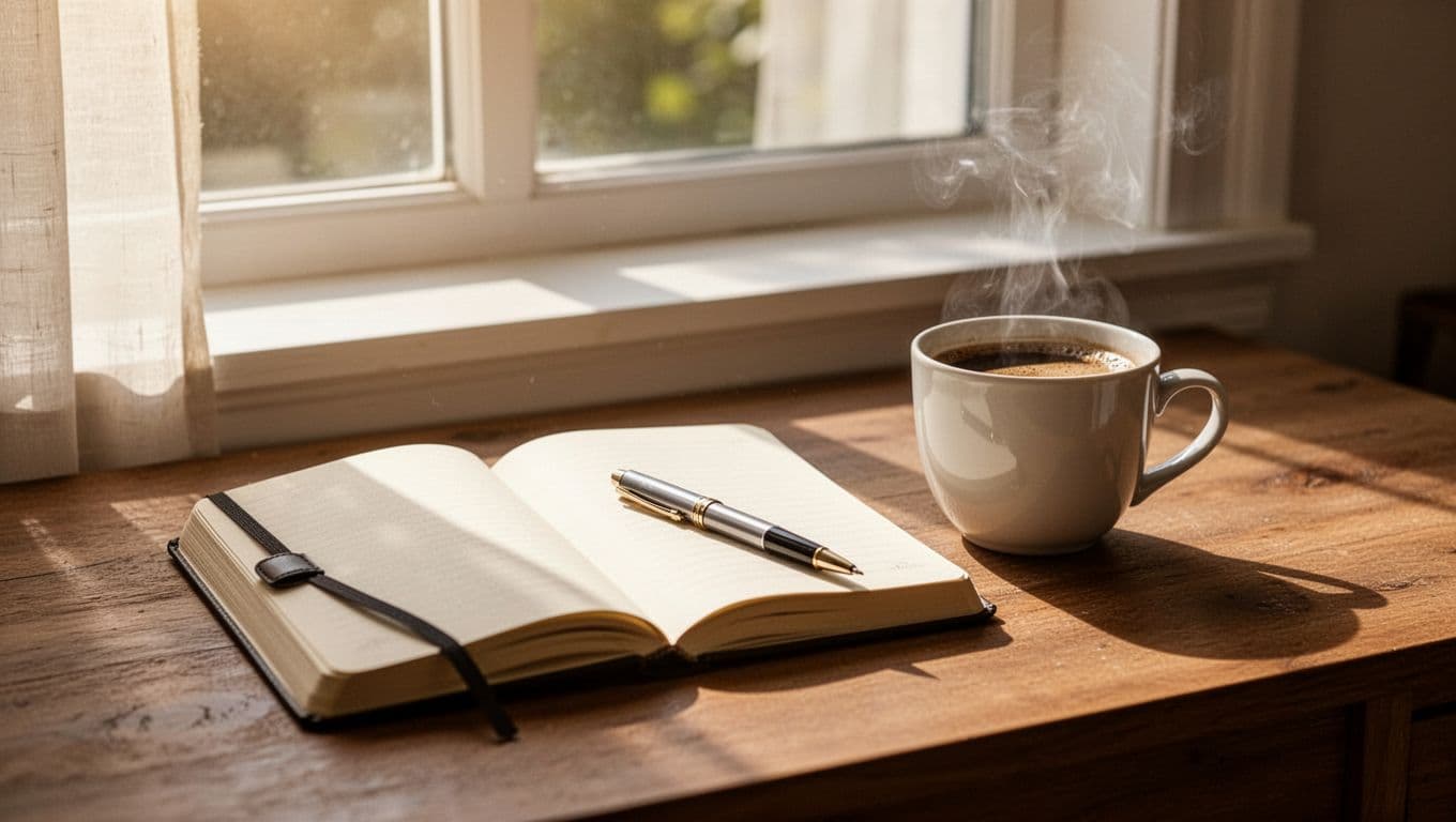 A journal, pen, and coffee cup sit on a desk beside a sunny window.