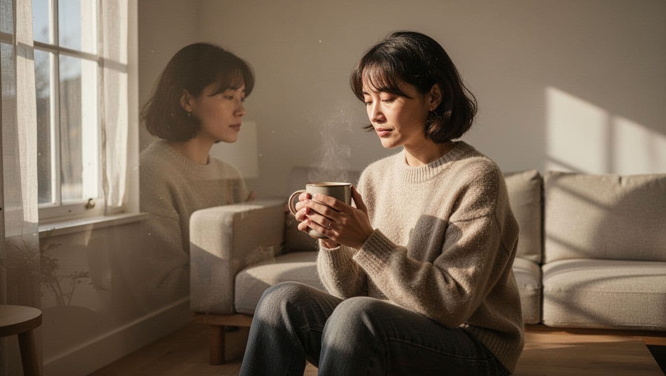 A calm person holds a warm mug in a sunlit minimalist living room.