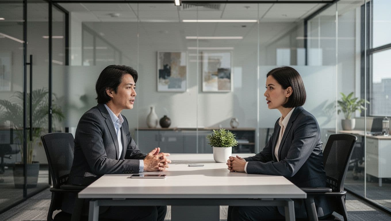 Two people have a calm, serious conversation across a desk in an office.