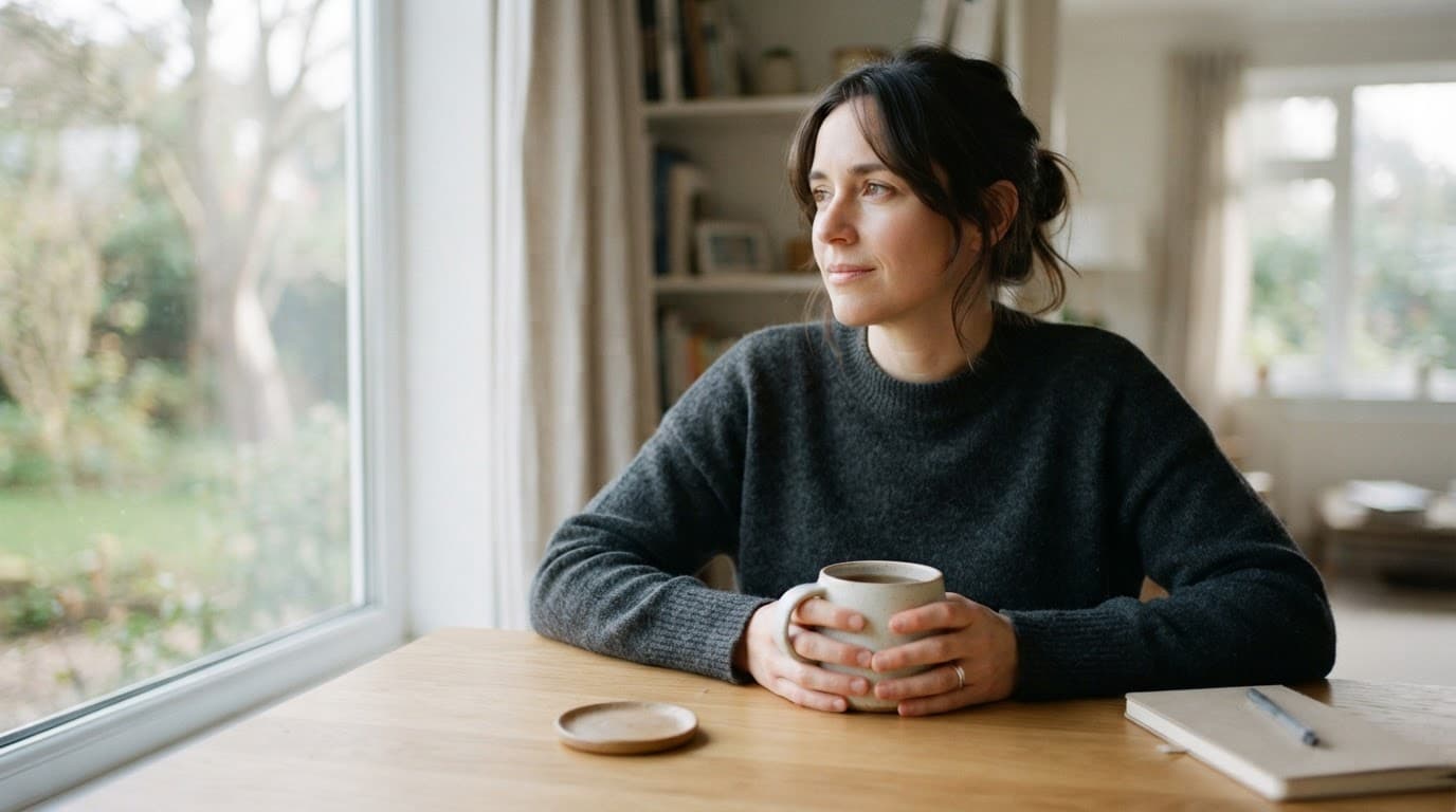 A thoughtful person holds tea at a clean wooden table by a window.