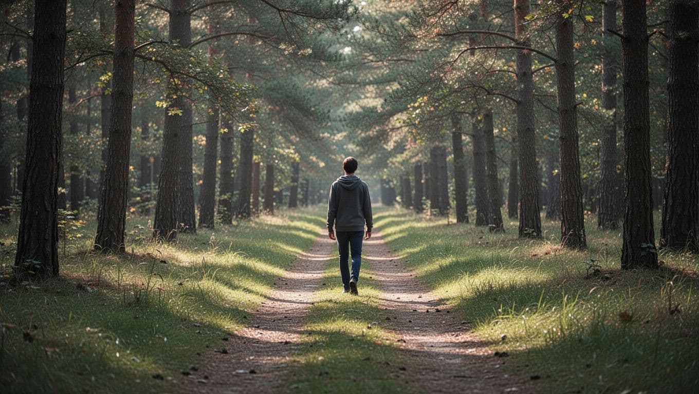 A person walking alone along a quiet path in soft natural light.