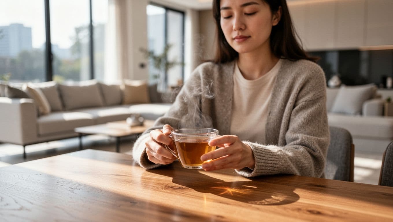 Person holding tea at a wooden table in a bright living room.