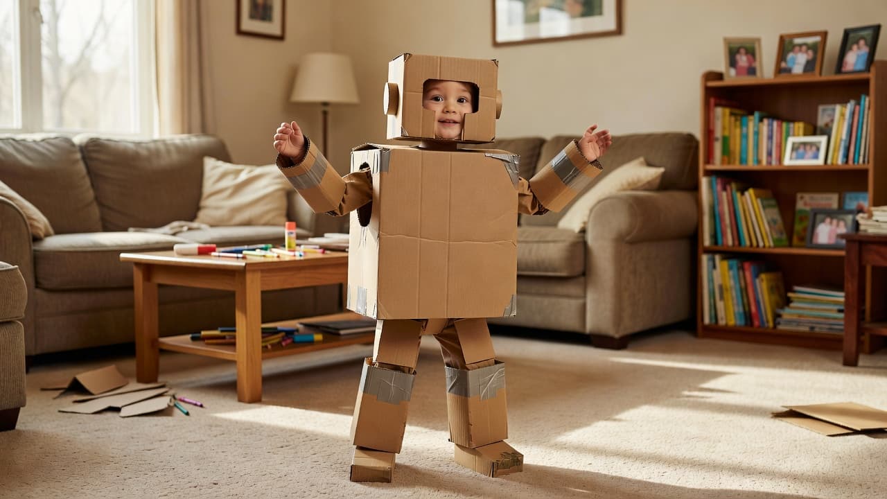 A child in a creative homemade cardboard robot costume standing indoors.