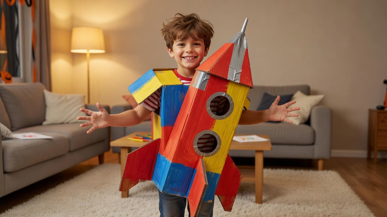A young boy wearing a handmade cardboard rocket ship costume indoors.