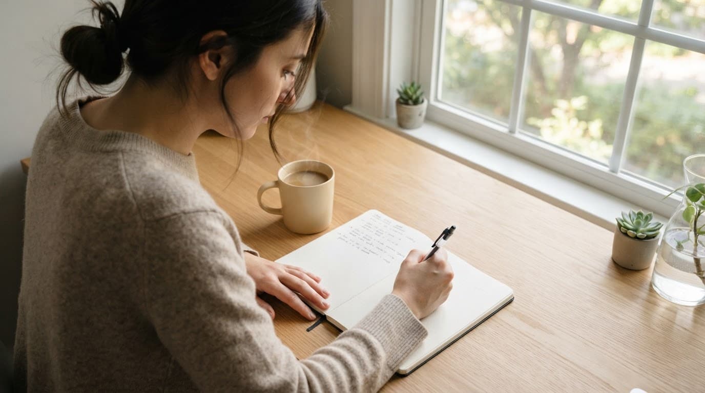 A person writes in a notebook beside coffee on a sunlit wooden desk.