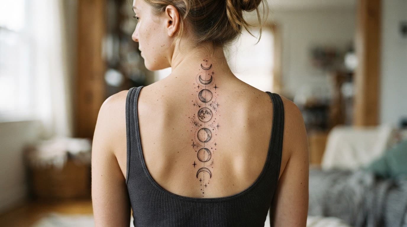 A delicate fine-line moon phase tattoo running down a person's upper back.