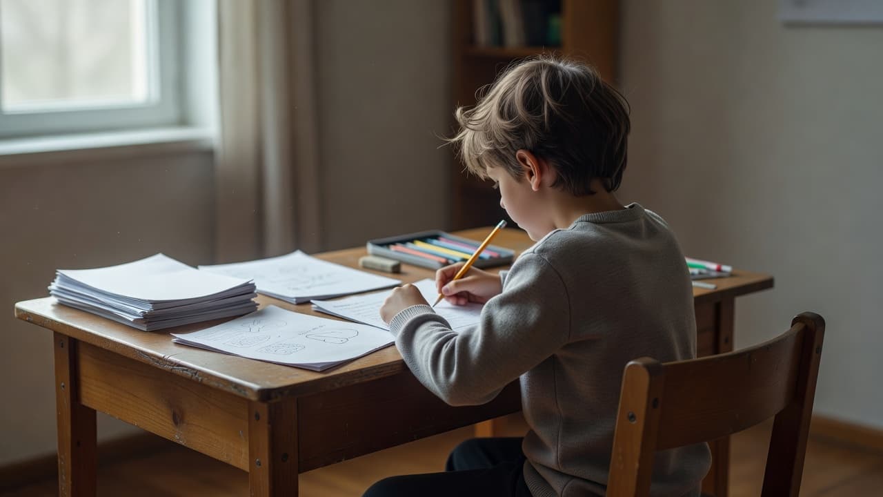 A young child sitting at a wooden desk doing schoolwork with papers and a pencil.