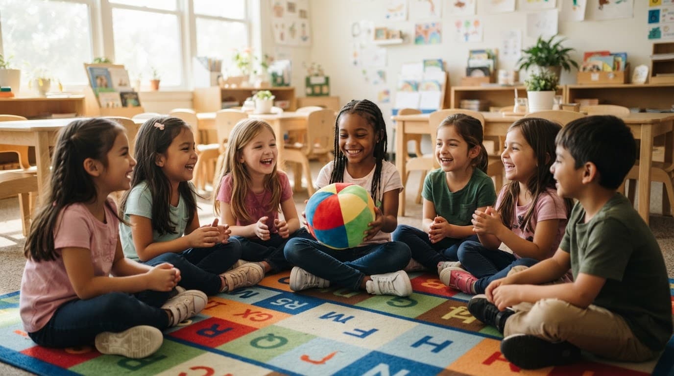 Children sit in a circle in a sunny classroom with one child holding a colorful soft ball.