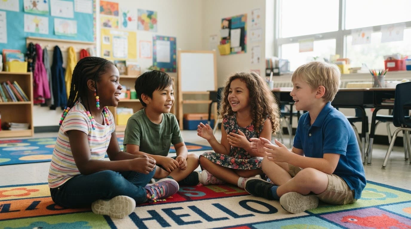 Four children sit in a circle, smiling and talking in a bright classroom.