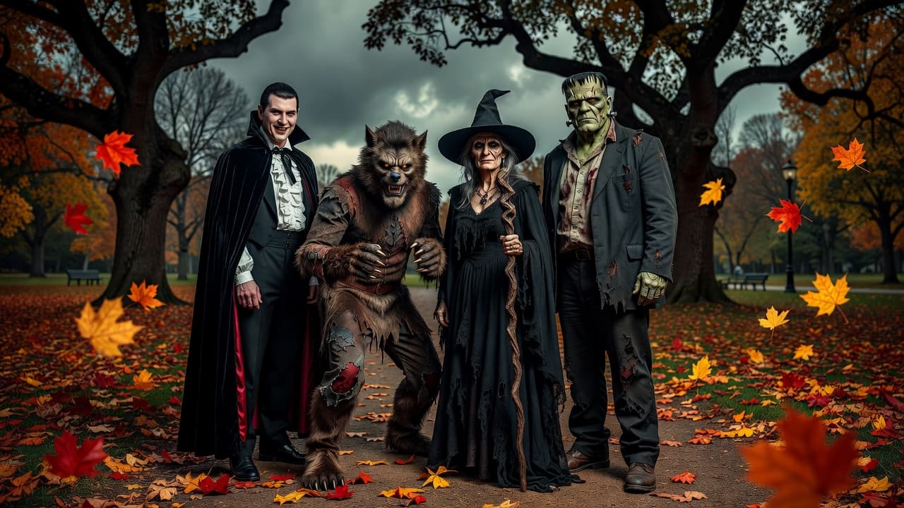 Four friends in classic horror monster costumes posing together in an autumn park.