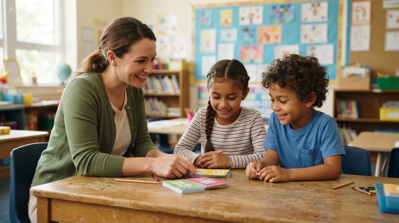 A teacher and two children review colorful cards at a classroom table.