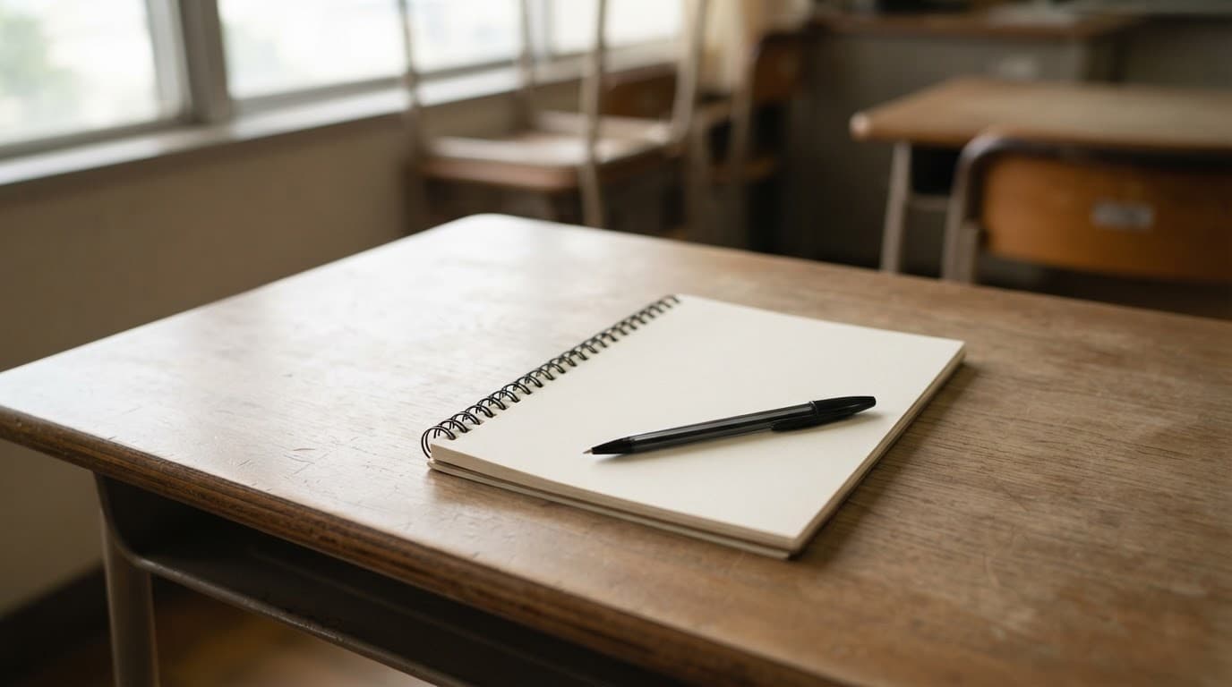 A notepad and pen on a clean classroom desk in soft natural light.