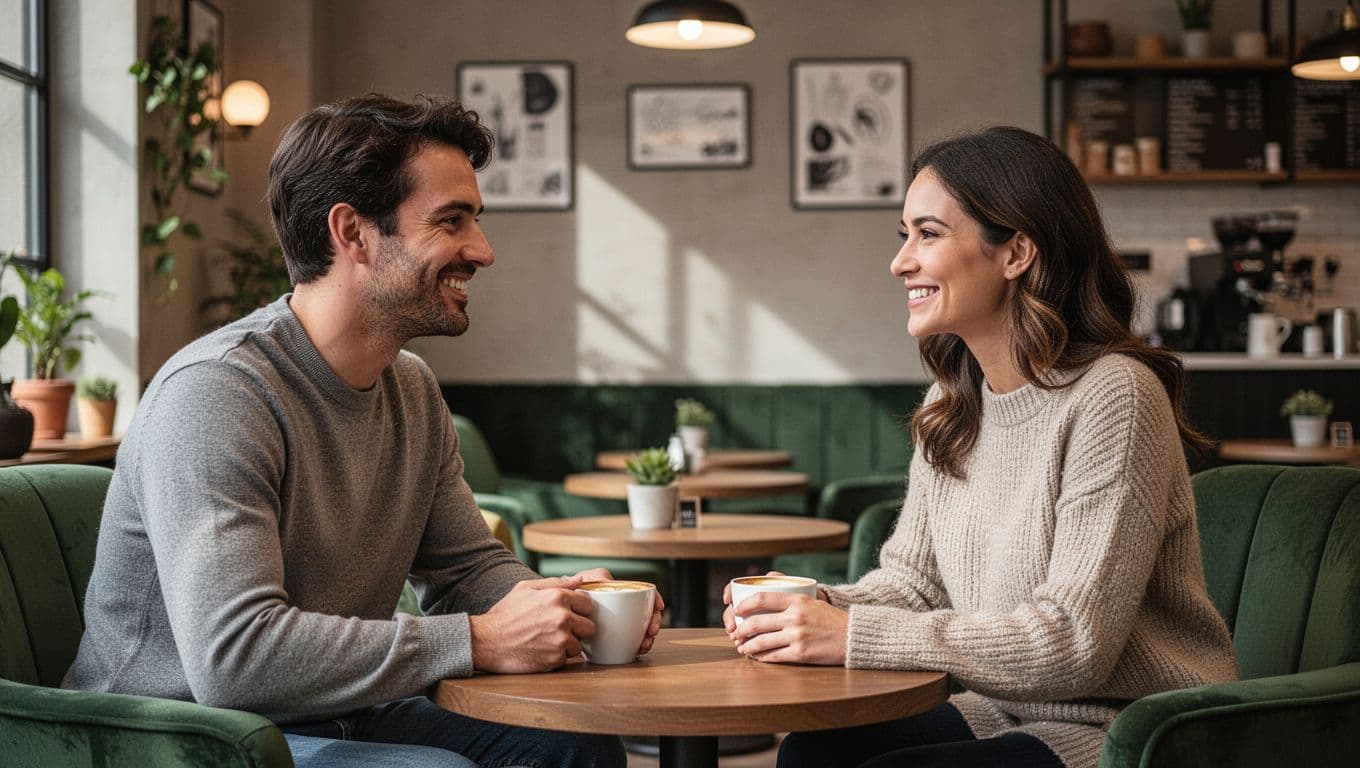 A man and woman share a friendly smile across a cozy coffee shop table.