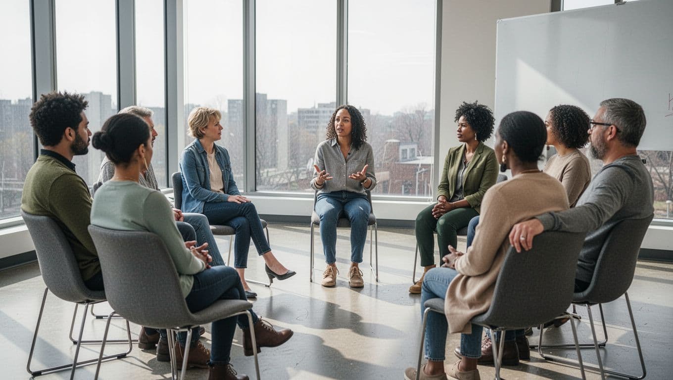 Adults sit in a circle while one person speaks and others listen.