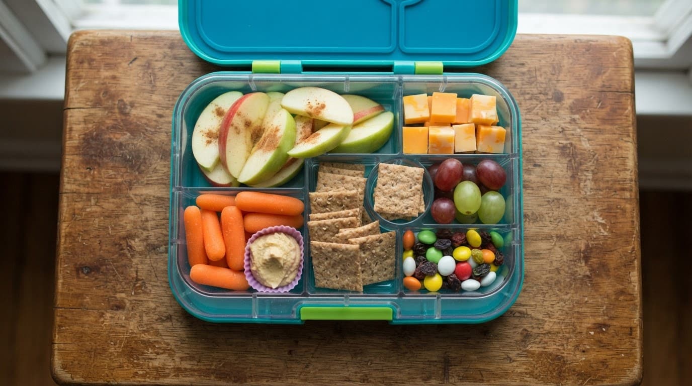 A colorful bento box filled with apples, carrots, crackers, and cheese cubes.