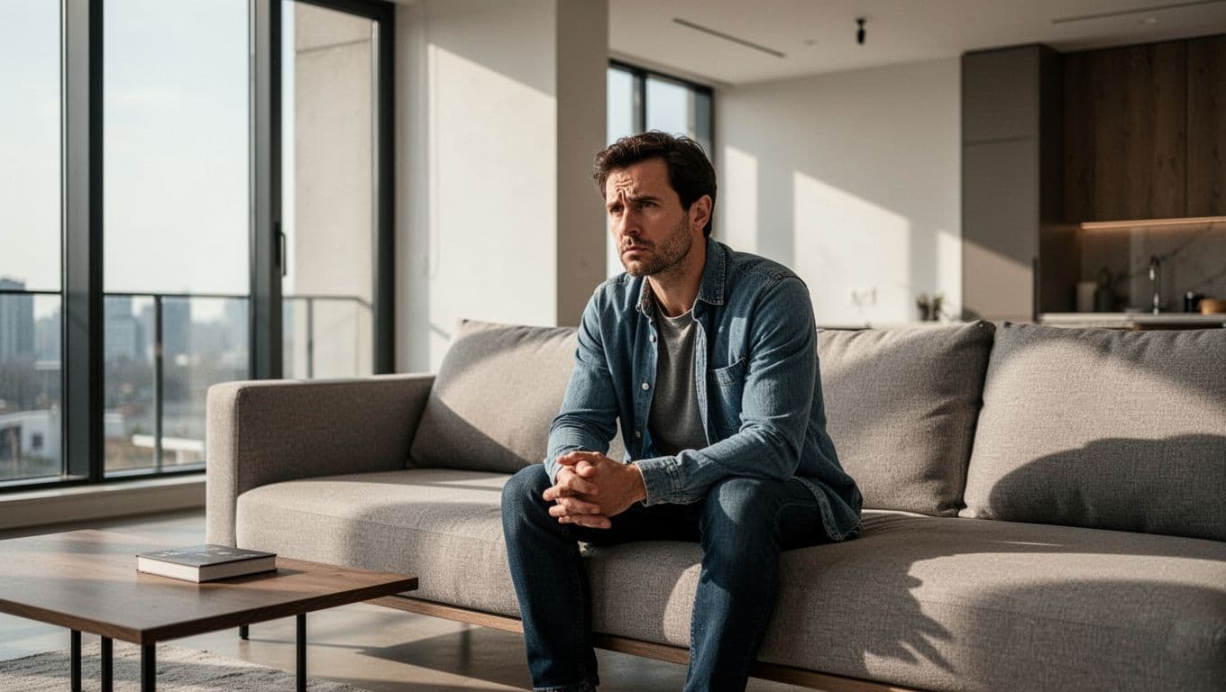 Concerned man sitting alone on a sofa in a softly lit modern living room.