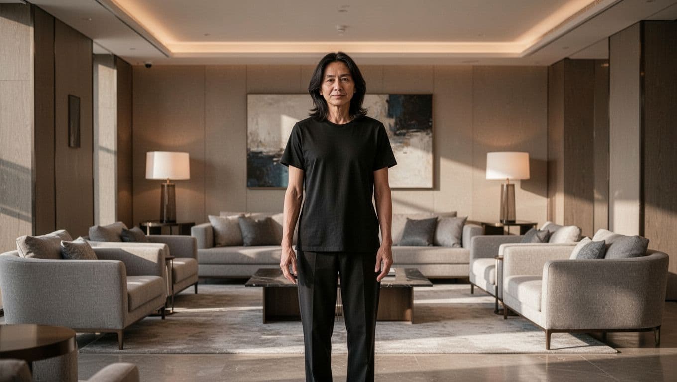 One person standing calmly with open shoulders in a softly lit modern lounge.