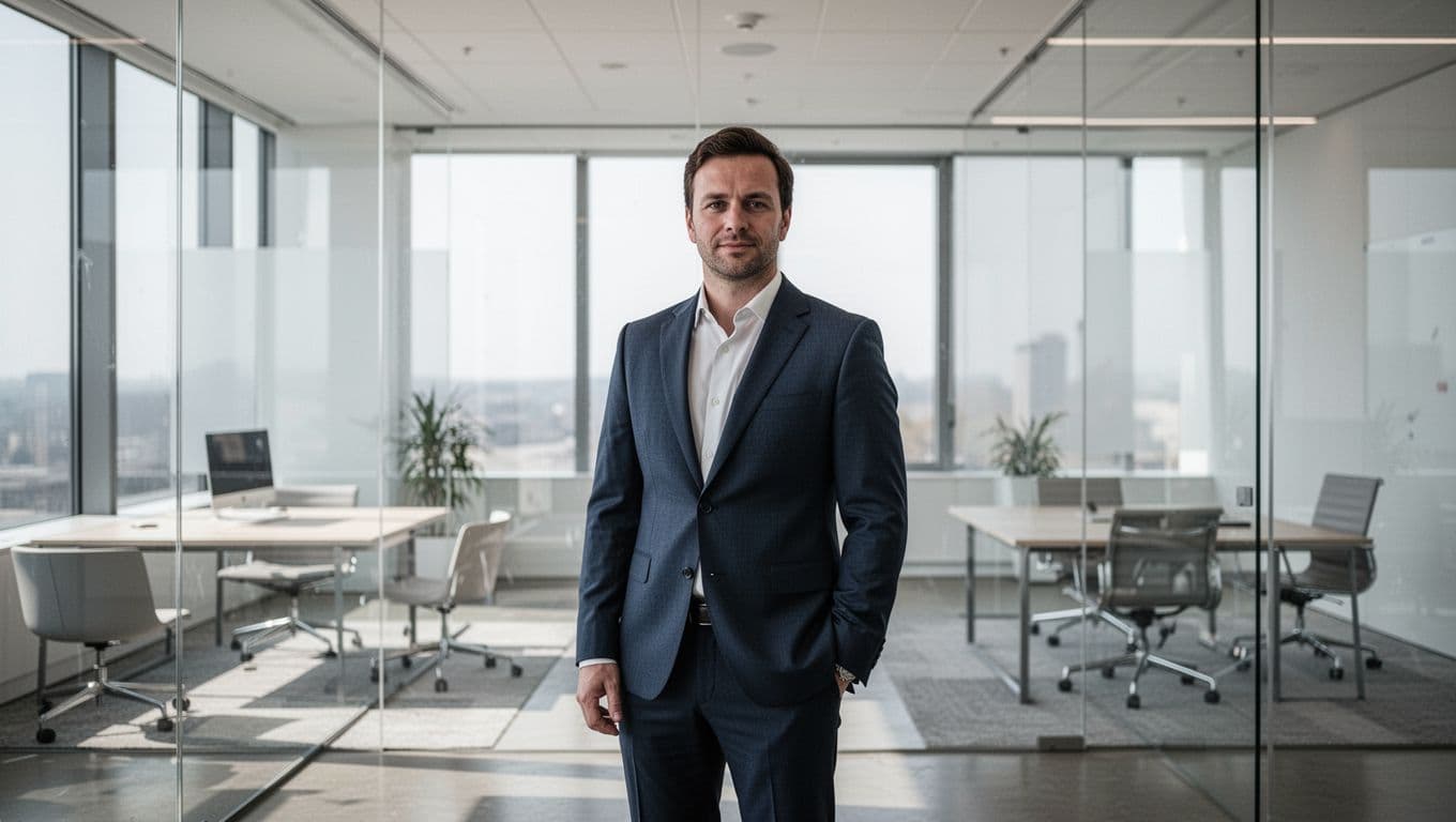 A confident professional standing in a brightly lit modern office.