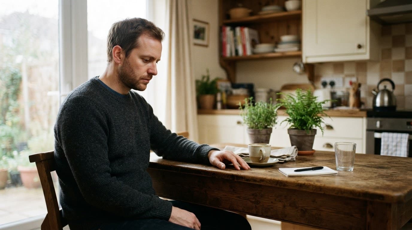 A thoughtful man sitting alone at a wooden kitchen table in soft light.