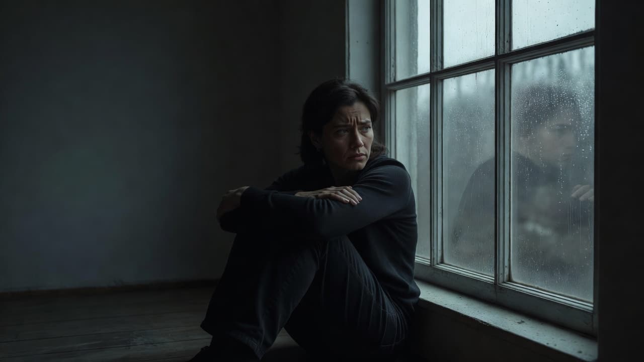 A person sitting alone by a window looking distant in moody lighting.