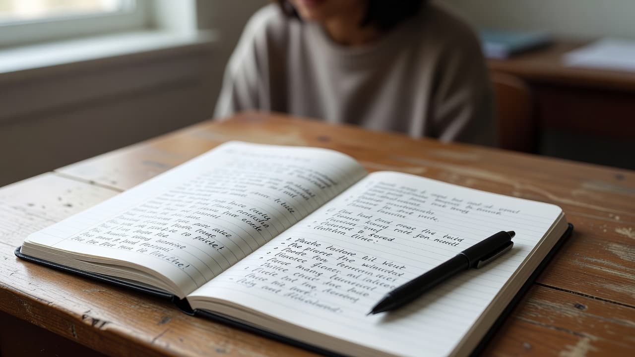 An open notebook with organized handwritten study notes on a wooden desk.
