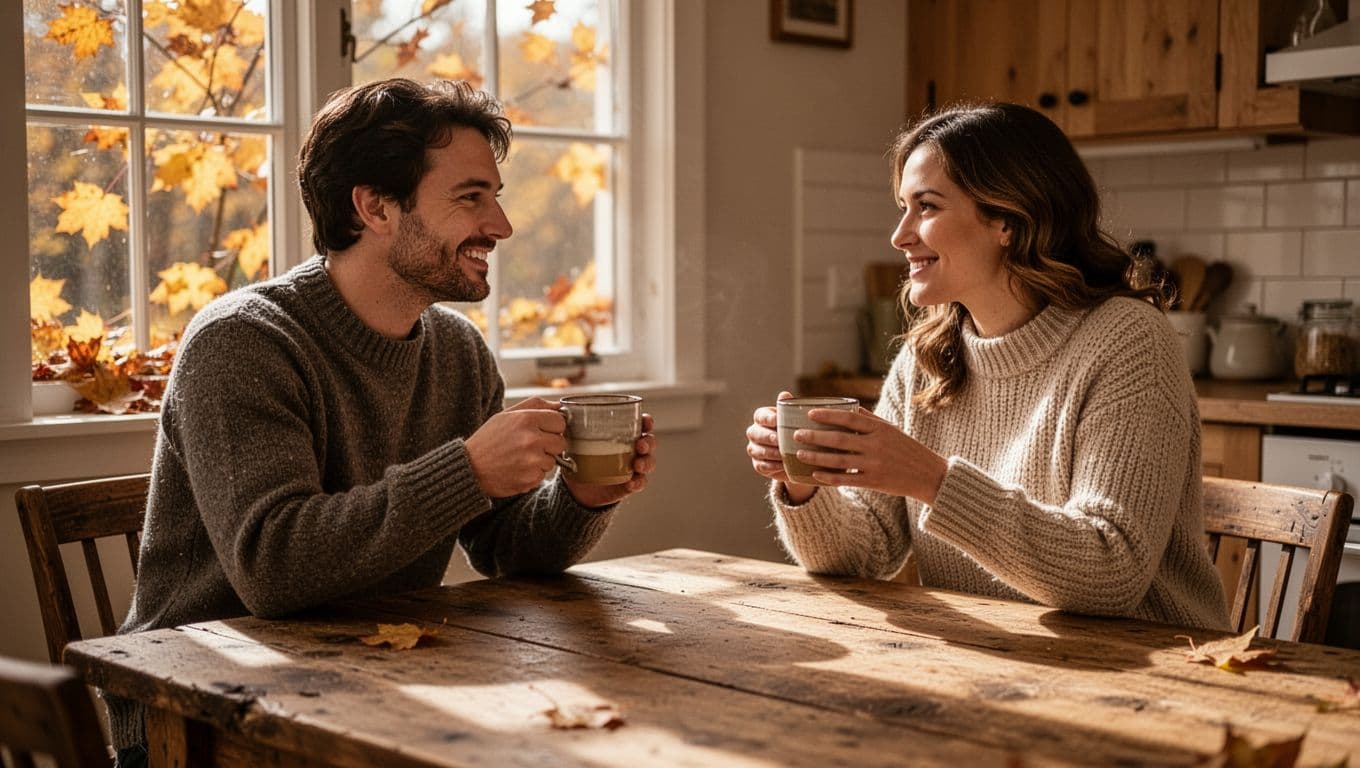 A couple smiles together over mugs at a rustic kitchen table with autumn leaves outside.