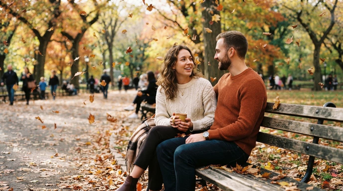A couple talks together on a park bench surrounded by falling autumn leaves.