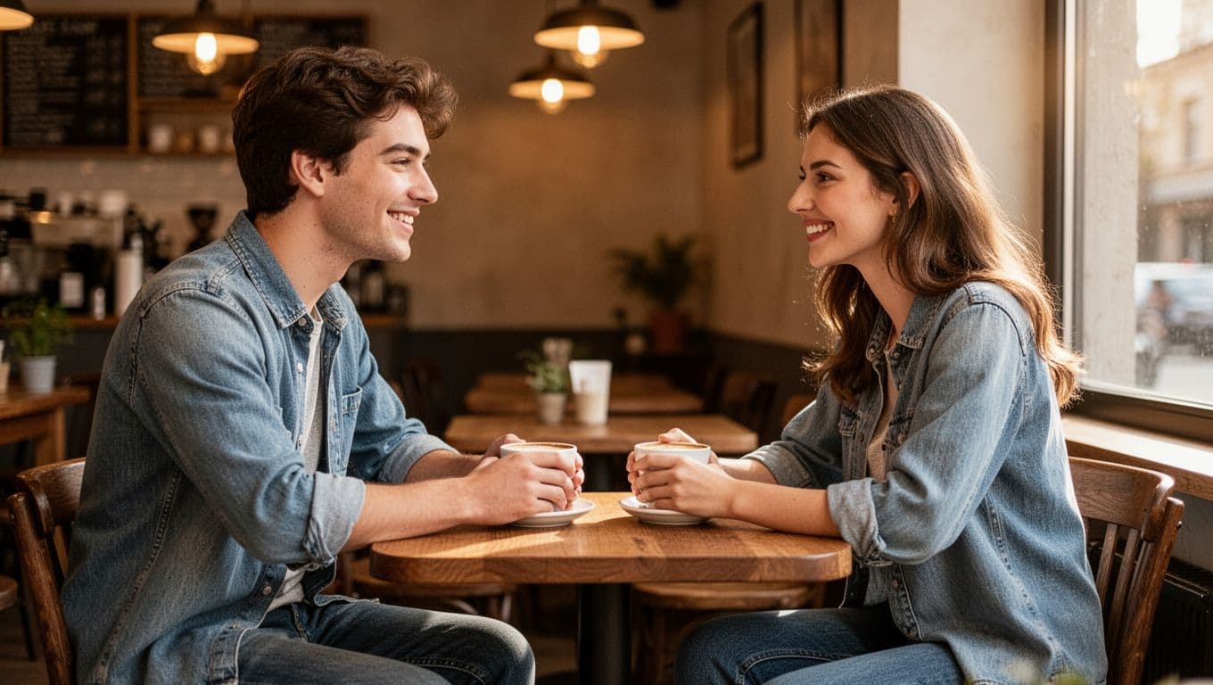 A couple smiles and talks across a small cafe table with drinks.