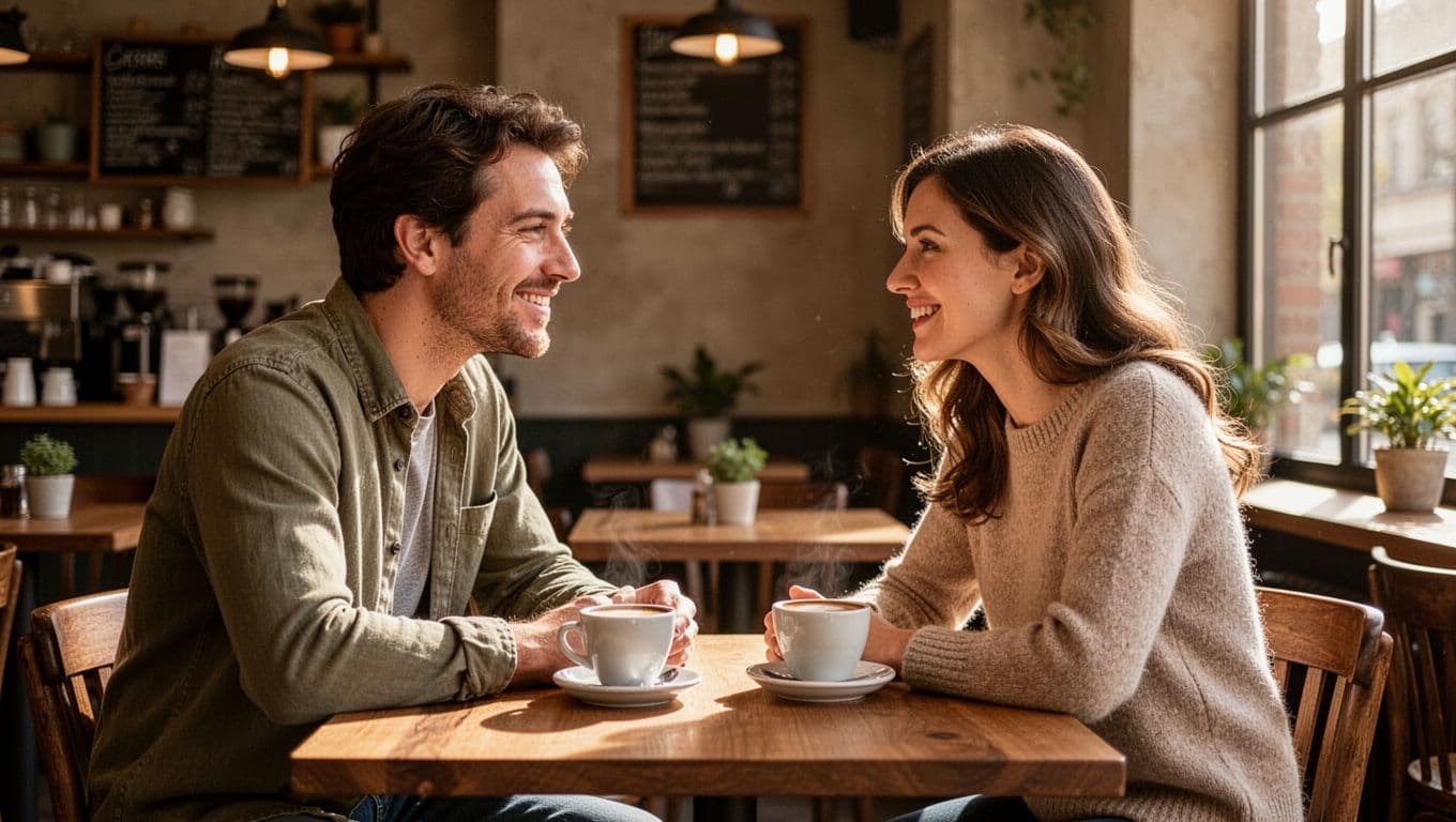 A couple smiles together over coffee at a wooden café table.