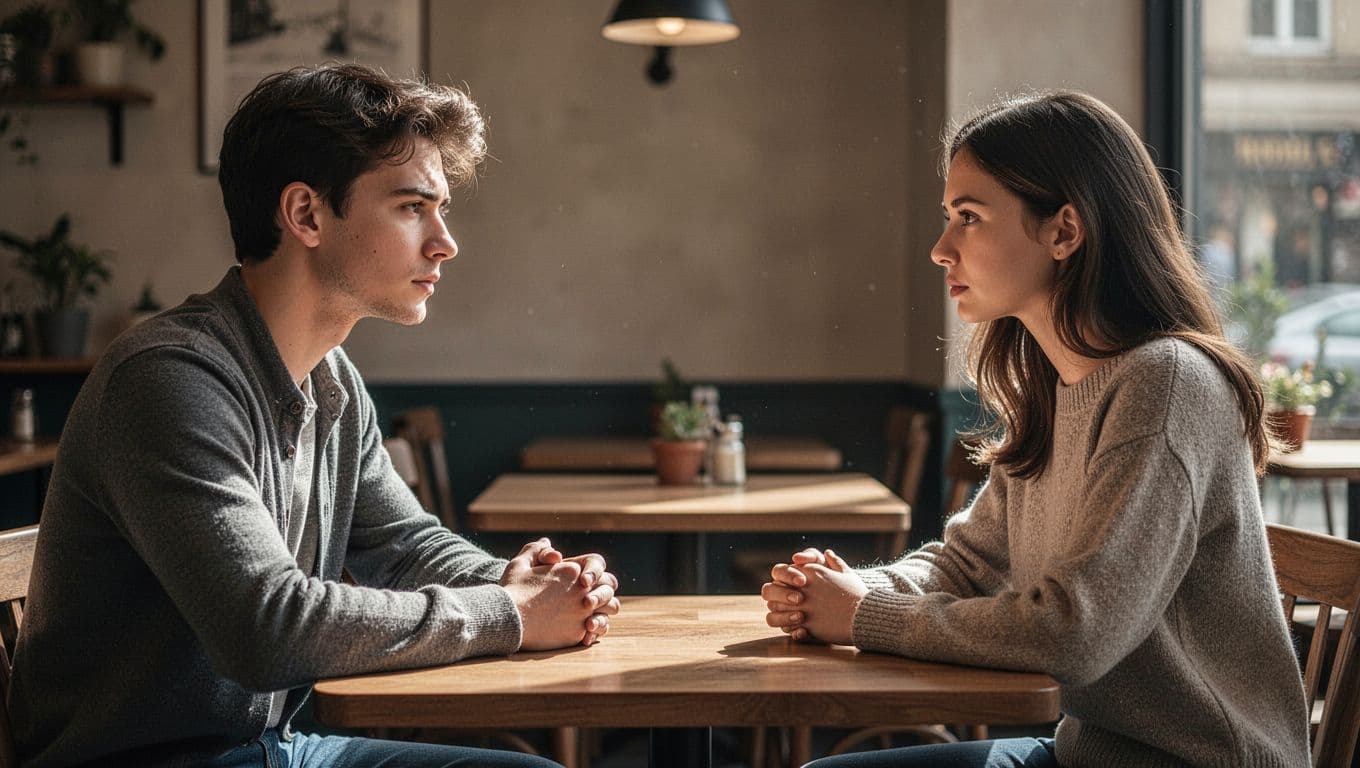 A man and woman having a serious conversation across a cafe table.